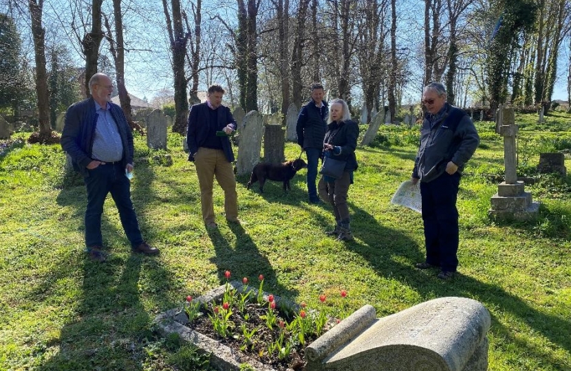 Pictured; Trustee Dominic Hiscock, Steve Brine MP, Fundraiser Mike Thorpe, Anna Stewart and David Stewart in the graveyard.