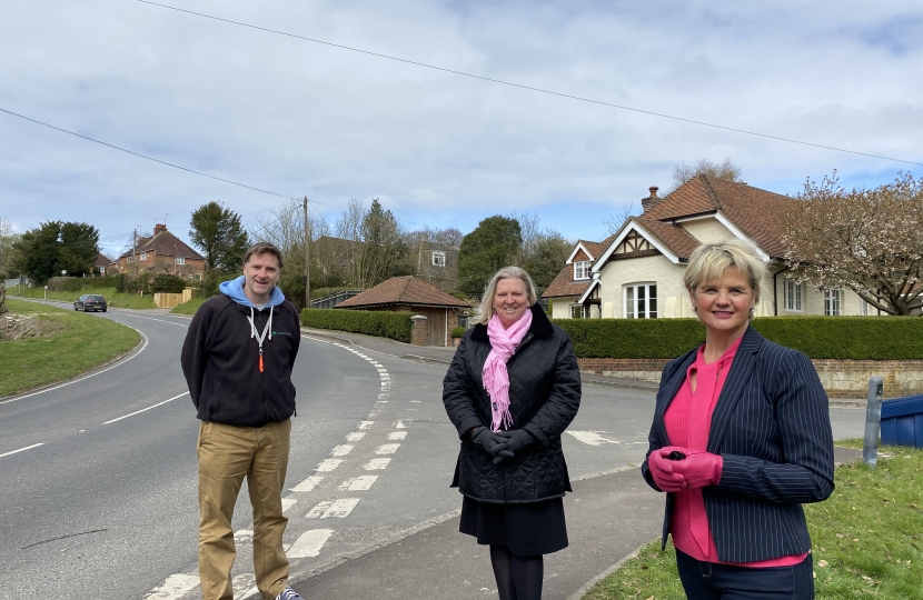 Pictured; Steve Brine with Cllr Horrill and Fiona Issacs outside Itchen Abbas Village Hall