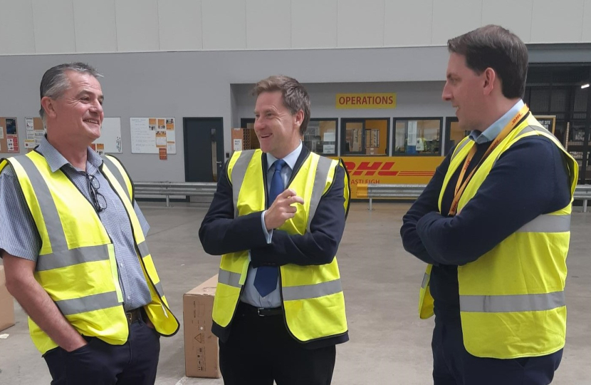 Pictured; Benoit Perignon, Regional Operations Manager DHL Parcel, Steve Brine MP, James Stephens, VP Corporate Affairs, DHL