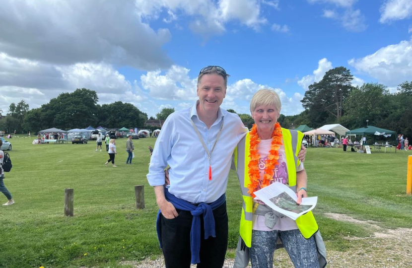 Pictured; Steve Brine MP and Cllr Sue Cook at Colden Common Recreation Ground.