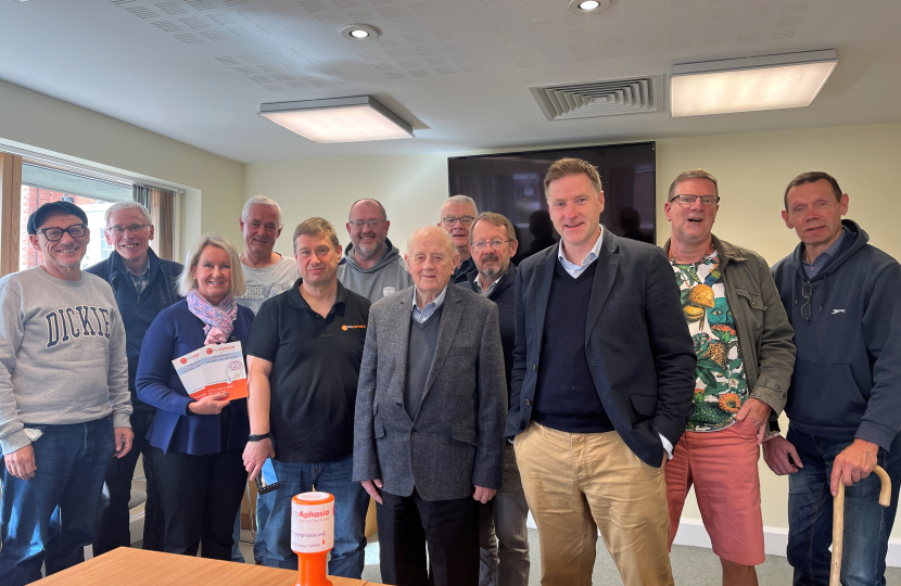 Pictured; Steve Brine MP and Councillor Jan Warwick with members of the Winchester Say Aphasia group.