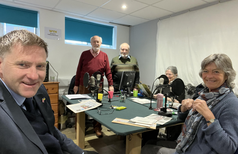 Pictured; Steve Brine MP (left) in WTN's recording studio in Winnall Valley Road.  Also in the photo (left to right) are: John Richards (WTN Chairman), Noël Thorpe-Tracey, Heather Thorpe-Tracey and Jane Harding.