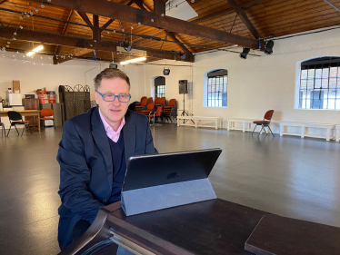 Pictured; Steve speaking with Sky News on the first floor performance space during his visit.