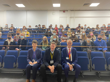 Pictured; Steve Brine MP with Principal Jonathan Prest and politics teacher Jan Vass; with students.