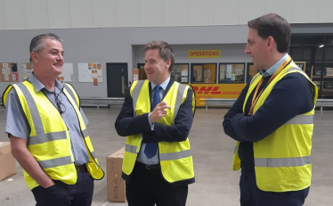 Pictured; Benoit Perignon, Regional Operations Manager DHL Parcel, Steve Brine MP, James Stephens, VP Corporate Affairs, DHL
