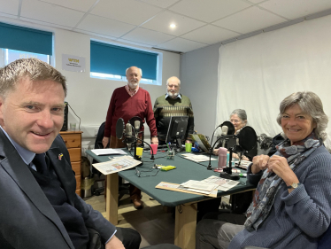 Pictured; Steve Brine MP (left) in WTN's recording studio in Winnall Valley Road.  Also in the photo (left to right) are: John Richards (WTN Chairman), Noël Thorpe-Tracey, Heather Thorpe-Tracey and Jane Harding.